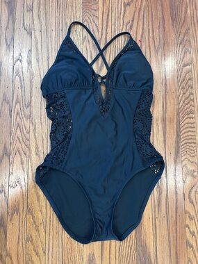 Black Lace-Panel One-Piece Swimsuit